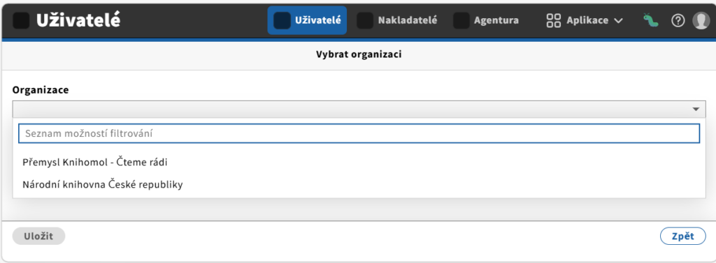 Snímek obrazovky ukazující, jak si v prostředí ReČeK garant přidělování ISBN pracující pro více nakladatelských subjektů vybírá, za kterého zaměstnavatele se do systému aktuálně loguje.