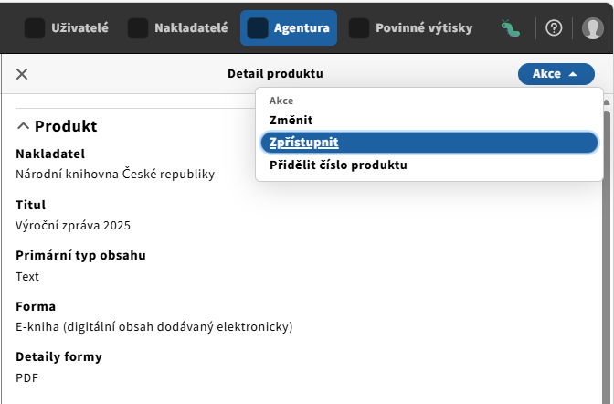 Snímek obrazovky ukazující přepnutí produktu do stavu "veřejné".